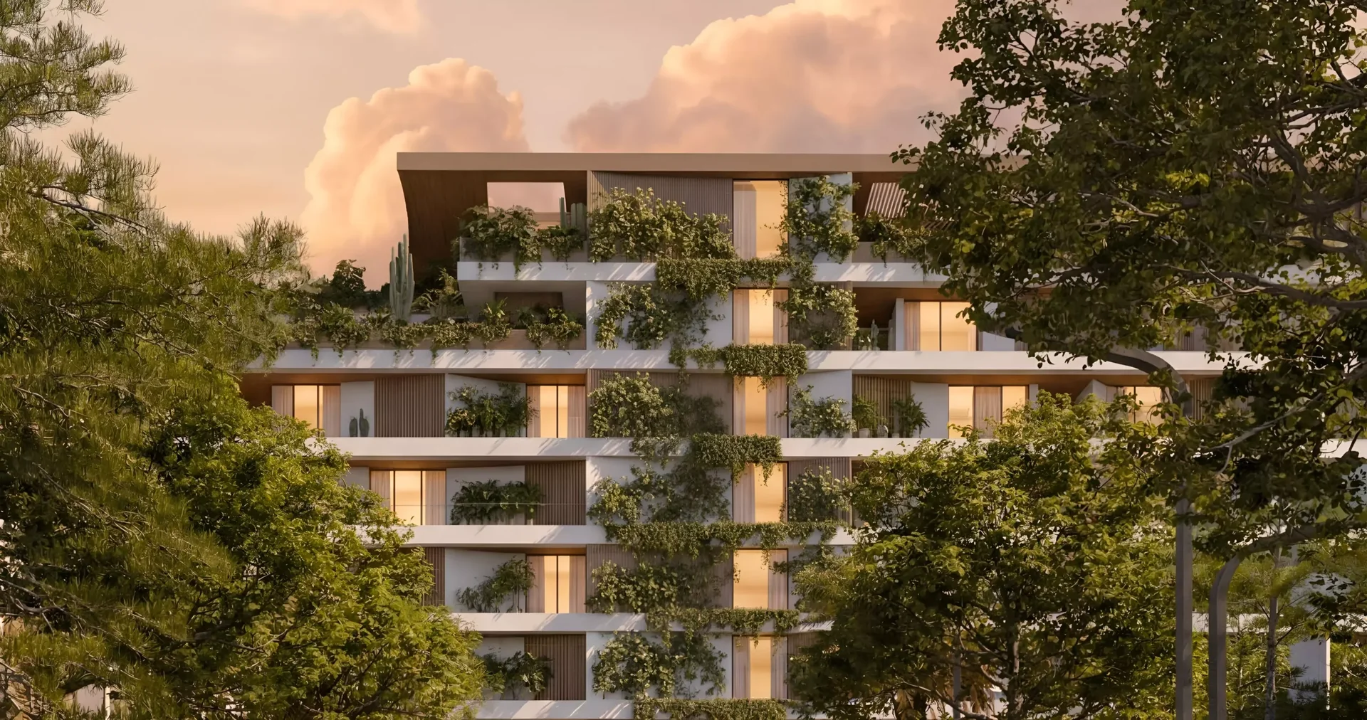 Terraced facade wrapped in greenery