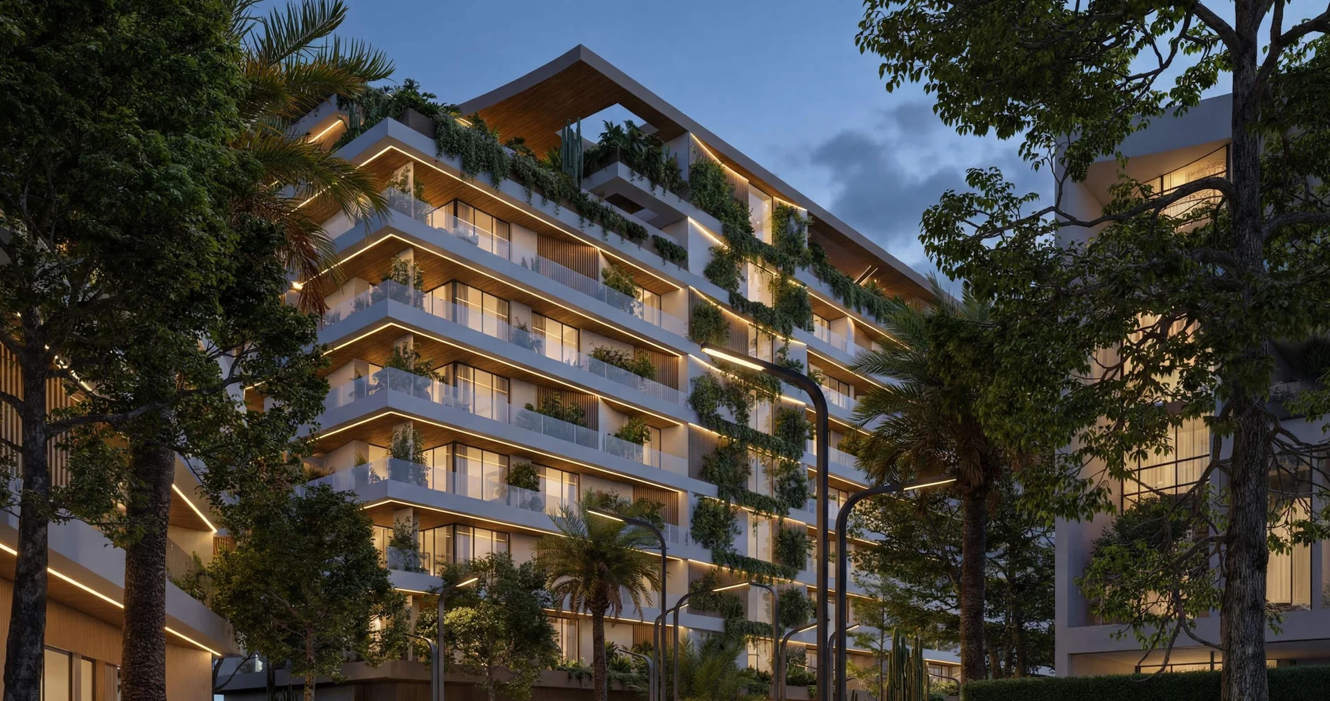 Residences rising above garden trees