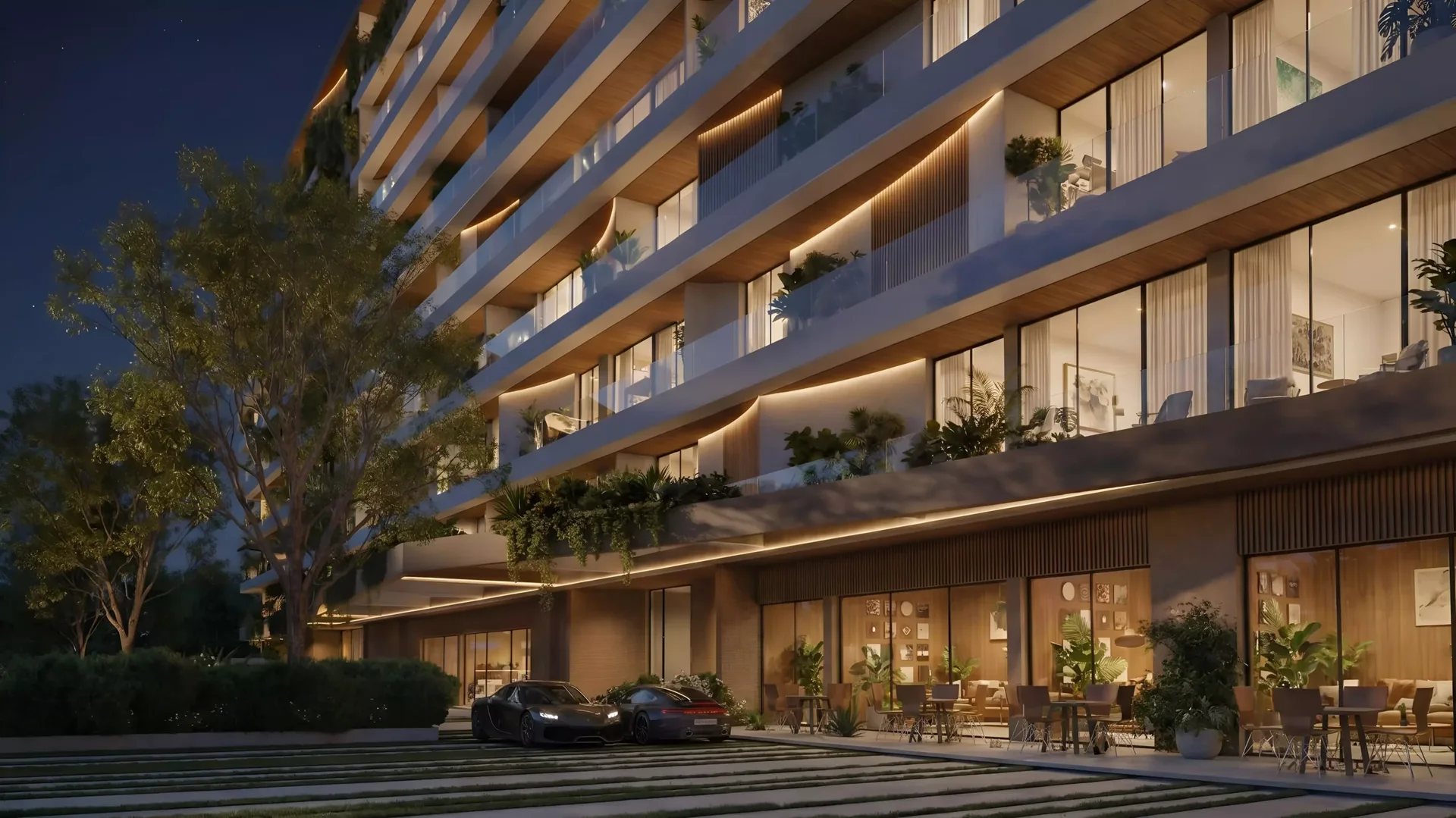 Landscaped terraces at dusk